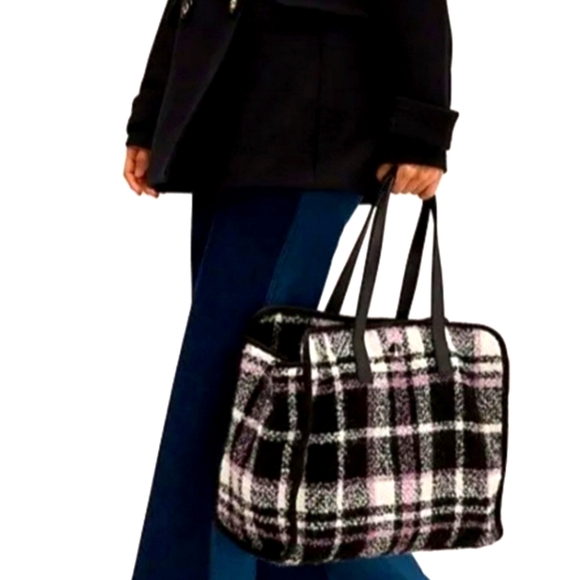 🍂🍁RARE Kate Spade New York Black/Lavender/Ivory Plaid  Large Morley Tote Bag - Picture 1 of 6